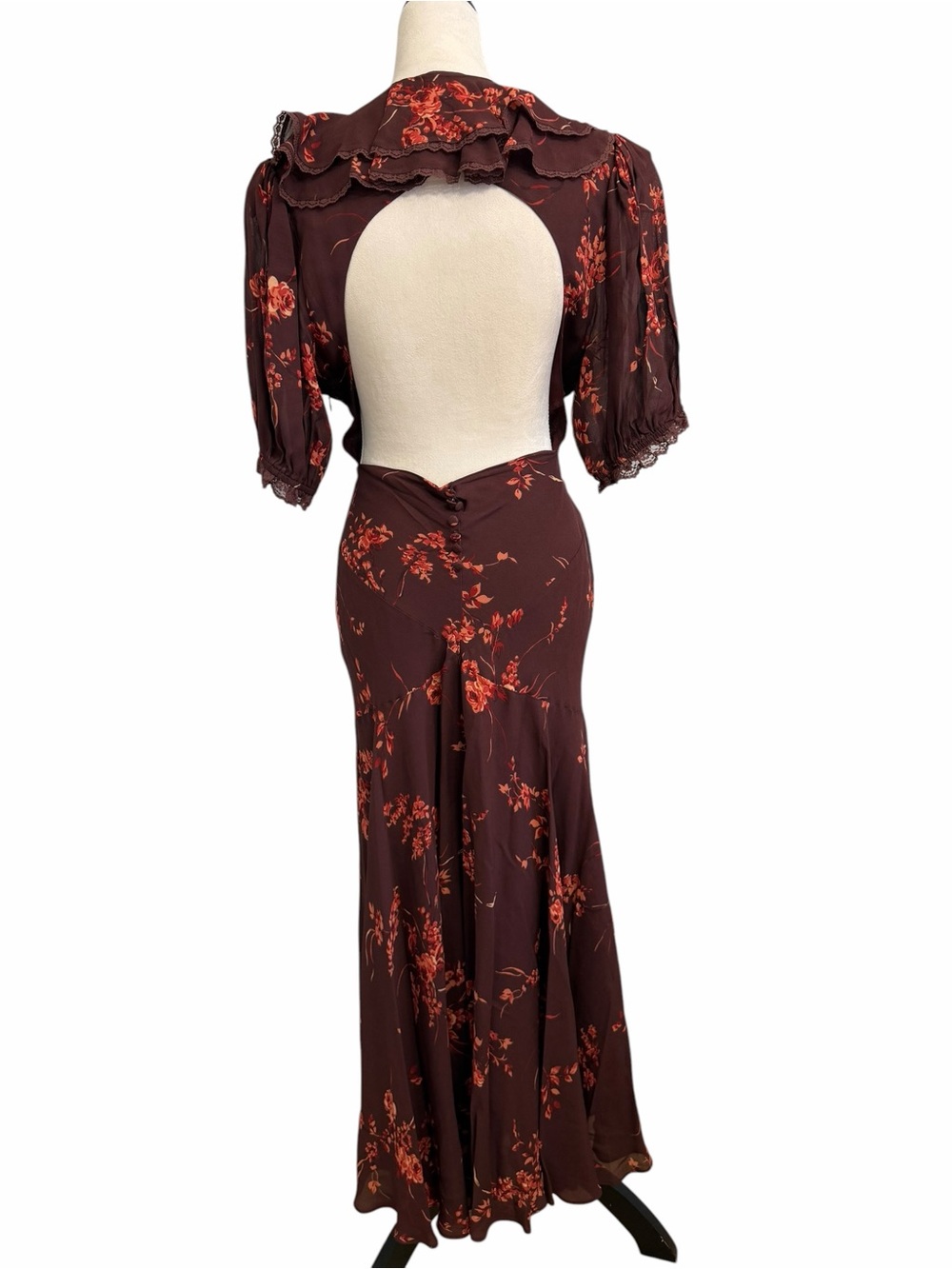 Reformation Evra Lace Georgette Burgundy Maxi Dress with Rust Floral Print - Picture 11 of 13